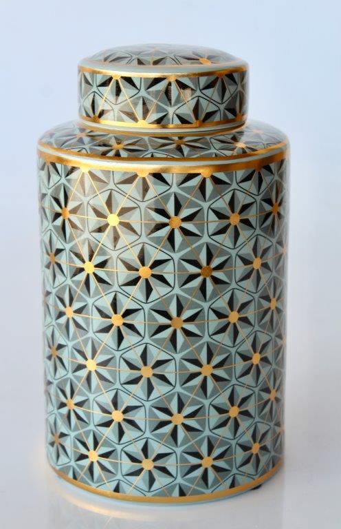 Green, Black & Gold Geometric Design Jar With Lid